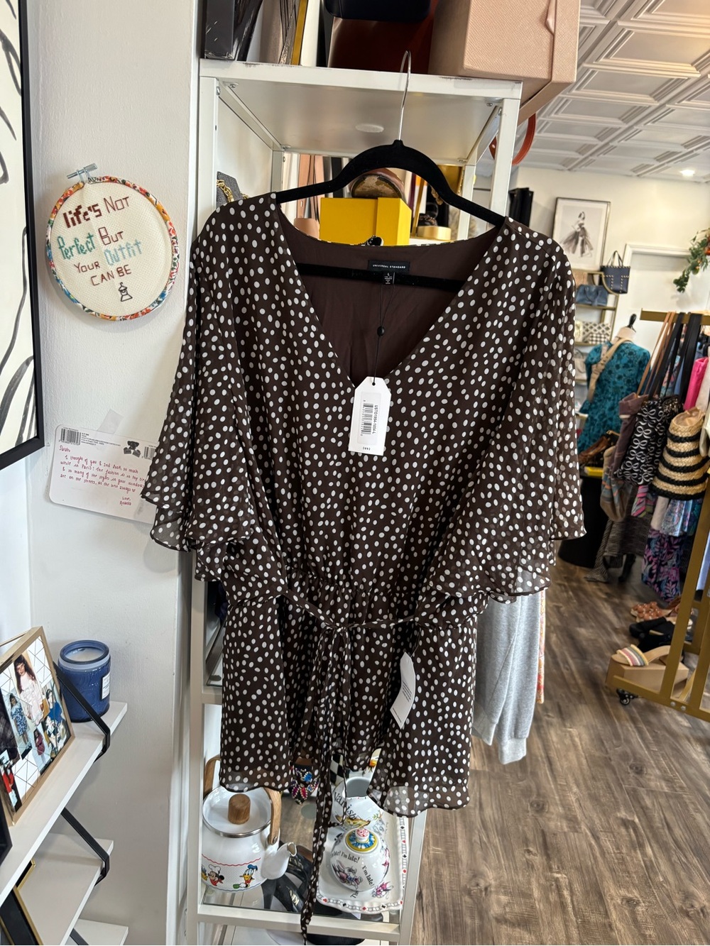 Universal Standard Brown and White Polka Dot V-Neck tie front Blouse NWT